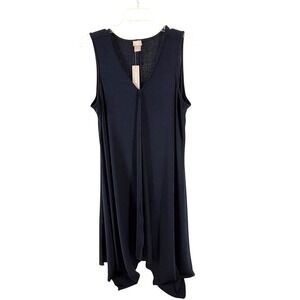 Chicos Travelers India Ink Hanky Hem Dress Sleeveless Navy Blue V-Neck 3 L 16 18